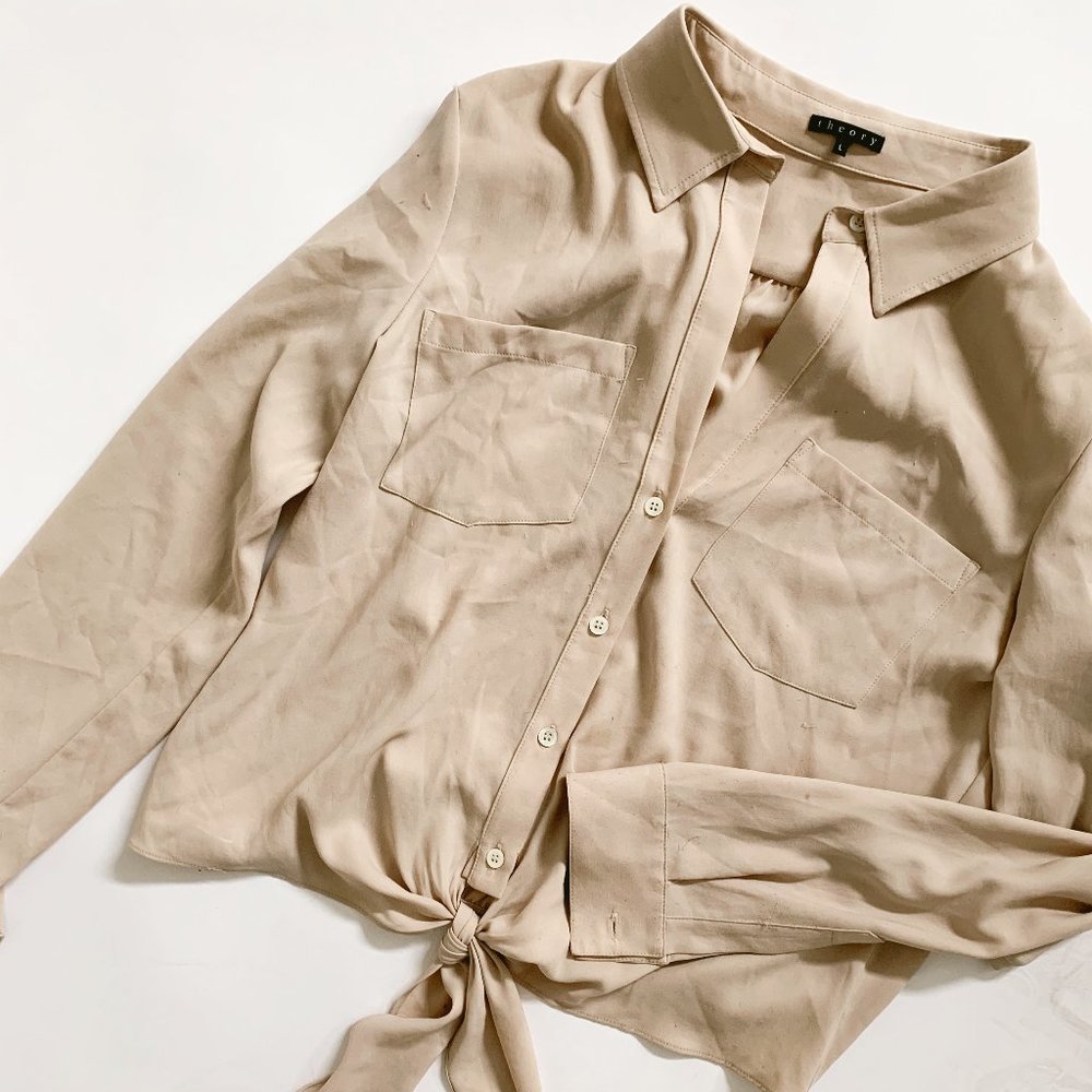 Theory Silk Tie-Front Shirt Long Sleeve Blouse - S